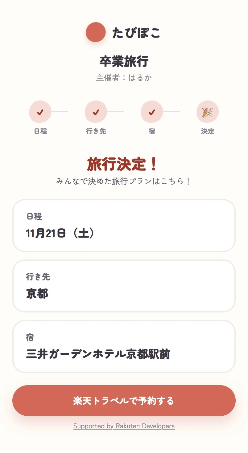 旅行決定の画面。日程・行き先・宿と予約ボタン